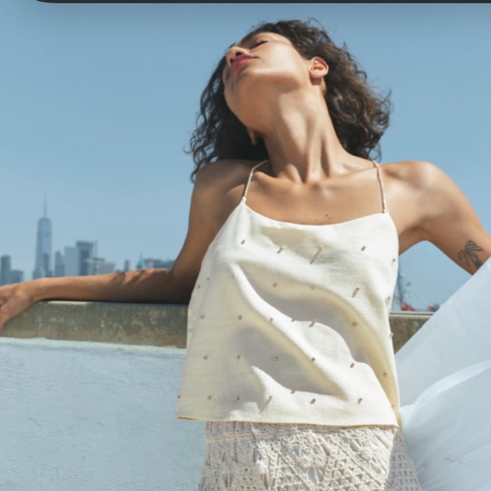 Zara Cream Jewel Appliqué Linen Blend Top - Picture 1 of 7